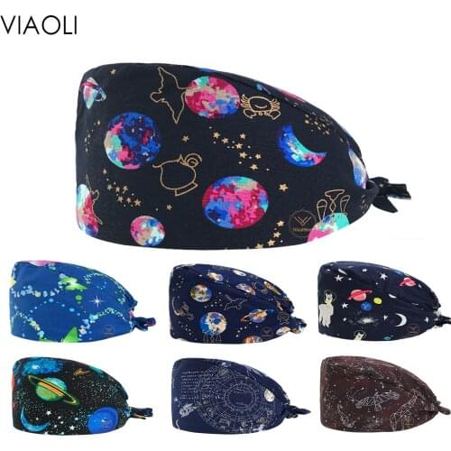 Viaoli cotton Planet series cartoon print hats adjustable women scrubs hat beauty salon working cap lab coat pet shop Scrub Cap