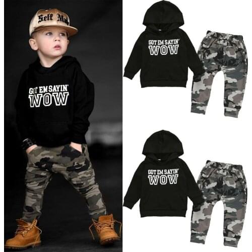 Wallarenear 2Pcs Set 1-6Y Toddler Baby Boy Casual Autumn Spring Clothing Long Sleeve Letter Printed Hooded Top Camou Pants