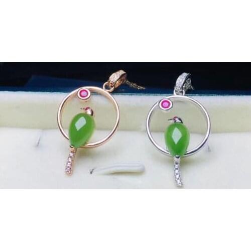Fine Jewelry Natural Green Jade Pendant Bird Shape 925 Silver Necklace Women