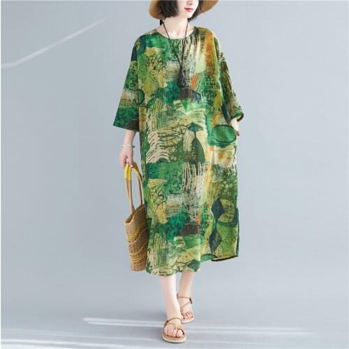 Johnature Women Print Floral Green Dresses 2021 Summer New Vintage Cotton Blend O-Neck Short Sleeve Women Casual Dresses