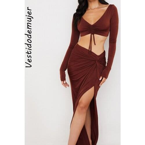 Fall Long Sleeve Crop Tops Maxi Skirts 2 Piece Sets Women Elegant Outfits Wrap Top and Split Skirts Club Party Matching Sets