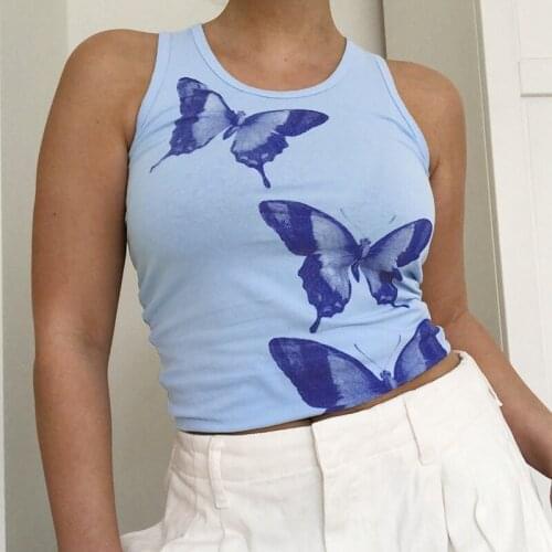 Y2K Aesthetic Butterfly Tie Dye Tank Top Summer Women 2021 Vintage Printed Streetwear White Round Neck Crop Sleeveless Tanks