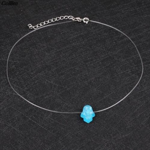 Fashion Blue White Hamsa Opal Necklace Women Hand Of Fatima Pendant Necklace Transparent Fish Line Choker Collier Femme Jewelry