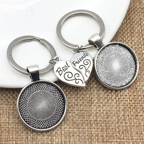 1Set Friendship Keychains Flower Cabochon Base Fit Round 25mm Best Friend Keychain Alloy Key Rings Jewelry Finding Diy Making