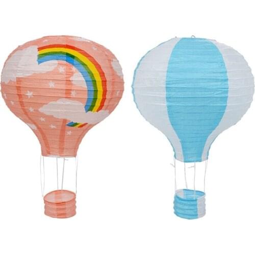 2Pcs 12Inch Hot Air Balloon Paper Lantern Lampshade Ceiling Light Wedding Party Decor - Blue Stripes & Pink Rainbow