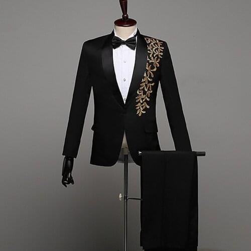 4 Colors Embroidery Tuxedo Slim Mens Suits Adult Male Singer Chorus Dress Host Show Photo Studio Costume Wedding Groom Clothing