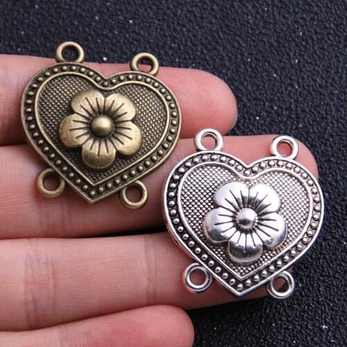 4pcs 31*32mm Retro Two Color Zinc Alloy Heart Flower Pendants Connectors Linker For DIY Charm Jewelry Accessorie
