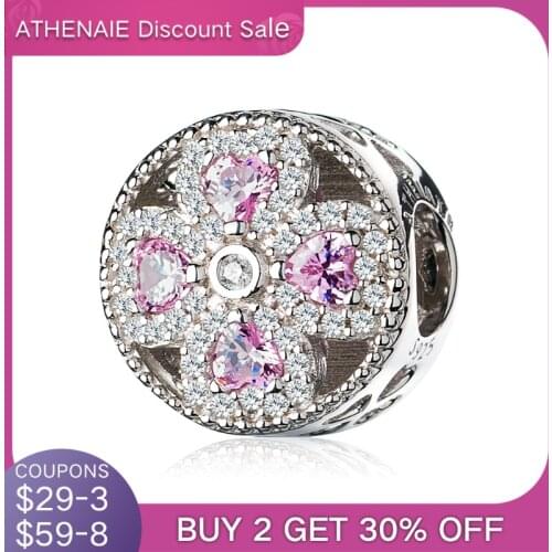 ATHENAIE 925 Sterling Silver Pink Crystals & Clear CZ Crystalized Four-Leaf Clover Charm Fit All European Bracelets Necklace