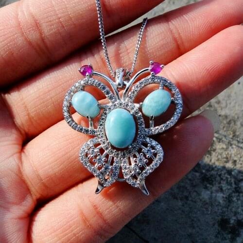 Butterfly Larimar Pendant Wholesale 5X7MM Natural Larimar Jewelry Rose Zircon Pendant