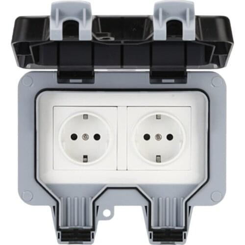 Hot IP66 Weatherproof Waterproof Outdoor Wall Power Socket 16A Double EU Standard Electrical Outlet Grounded EU Plug