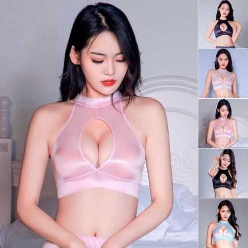 Hot Sexy Womens Crop Tops Halter Hollow Out Transparent Shiny Pole Dance Clubwear Sheer Camisole Exotic Tanks Camis Vest