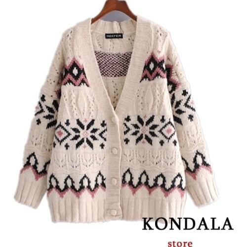 KONDALA Womens Sweaters Za Fashion 2021 Vintage Geometric V Neck Long Cardigans Spring Elegant Chic Mujer Outwear