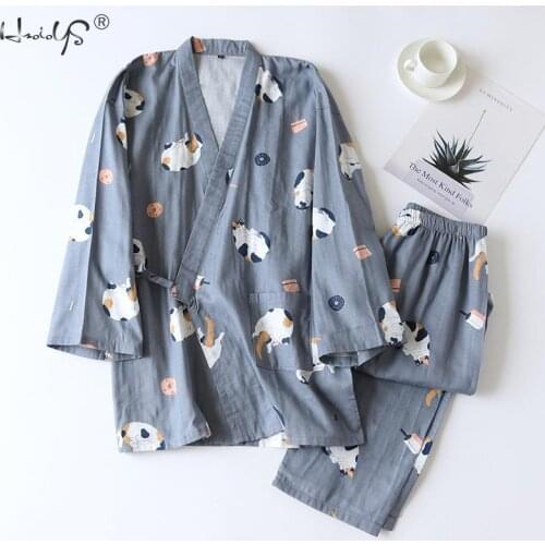 Summer Couple Loungewear Womens Men Japanese-style Kimono Cotton Pajamas Suit Lover Family pajamas two-piece Home Service Suit