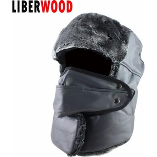 LIBERWOOD Balaclava Winter PU leather Russian earmuffs hat men women Ski Hat Earflap facemask Snow Caps Trapper Trooper Cap hat