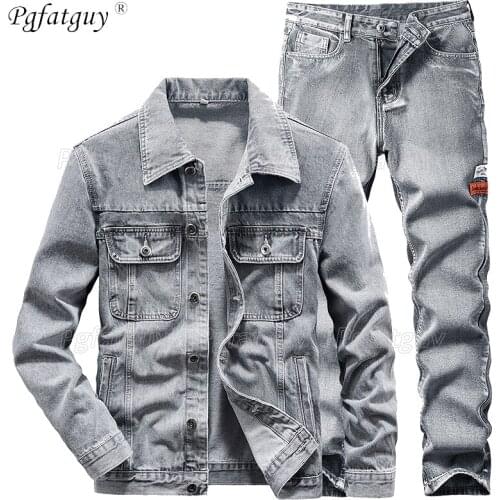 2021 Light Gray Casual Mens 9 Style Sets Spring Simple Design 2 Piece Set Long Sleeve Denim Jacket + Jeans Ripped Male Clothing