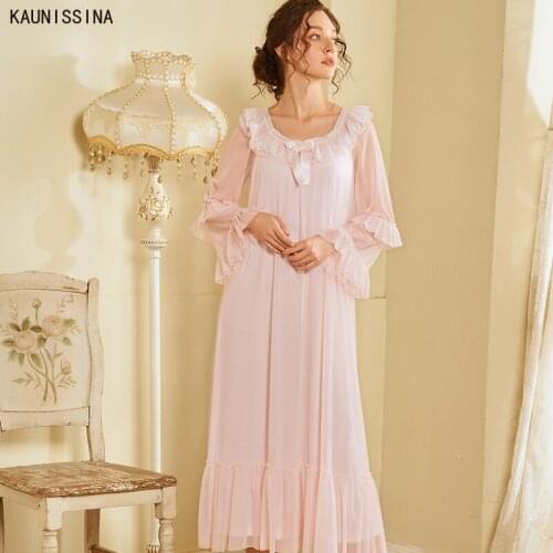 Women Spring Autumn Vintage Nightgowns Long Sleepshirts Nightwear Long Sleeve Lace Nightdress Princess Style Home Sleepwear