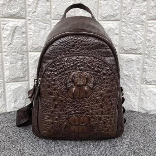 Casual Style Genuine Crocodile Skin Zipper Closure Womens Brown Travel Back Pack Exotic Alligator Leather Female Small Backpack