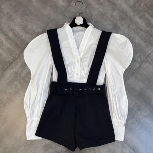 FABPOP 2021 Casual Two Piece Set Women V Neck Long Sleeve Shirt High Waist Sashes Overalls Female Matching Sets Fashion GC251