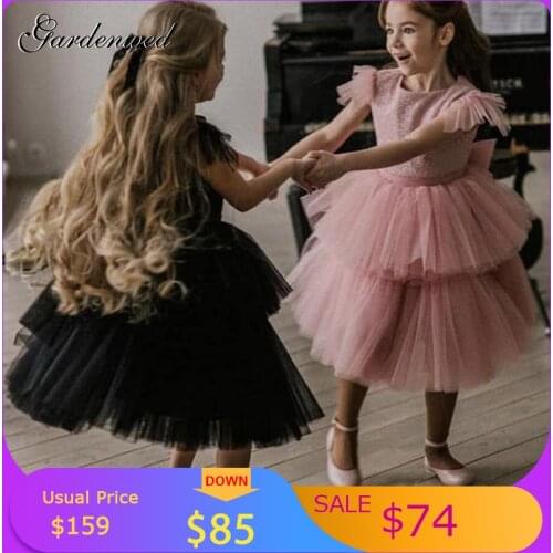 Puffy Layers Lovely Girl Tulle Dresses Knee Length Kids Princess Dress Cap Tulle Sleeves Flower Girl Celebrity Dresses Vestidos