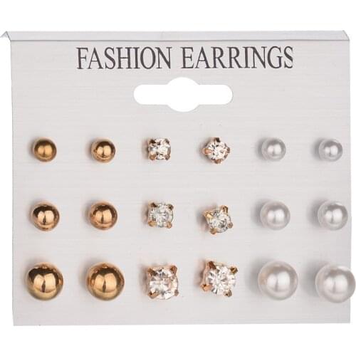 9 Pairs/set New Simple Ball Big Small Simulated Pearl Crystal Flower Heart Stud Earrings Set Women Girl Fashion Jewelry