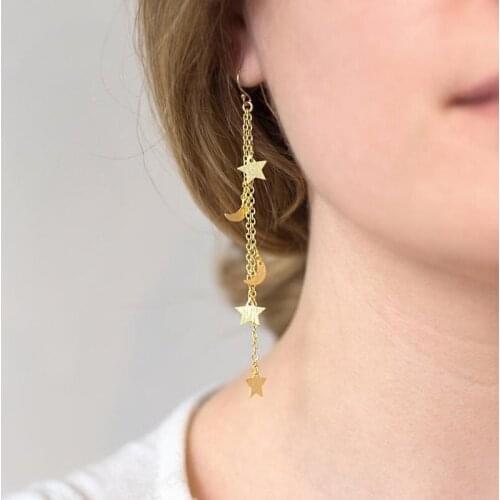 Celestial Earrings, Crescent Moon And Stars, Long Chain Earrins, Star Dangle, Festival Boho Jewelry, , Gold Women Gifts