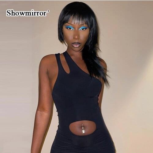 Showmirror Solid One-Shoulder Maxi Dress Women Halter Cut Side Slit Slim Hollow Out Summer Sexy Sleeveless Club Dresses Party