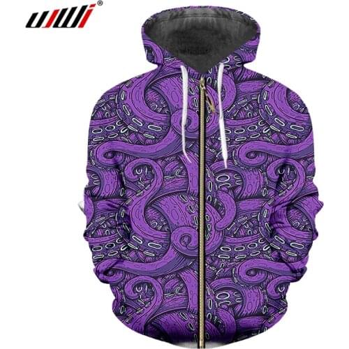UJWI Men/Women Harajuku Purple Trend Zip Hoodies Man Oversized Casual Zipper Coat 3D Full Printed Octopus Tentacle Street Style