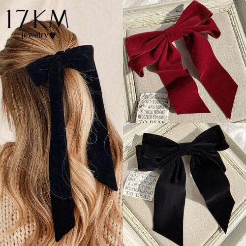 Vintage Black Big Large Velvet Bow Hair Clip For Women Girls Wedding Long Ribbon Korean Hairpins Barrette Hair Accessories