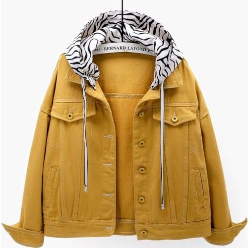 2021 Spring Korean Fashion Boyfriend Denim Jacket Coat Women Zebra Hooded Outerwear Loose Long sleeve Short Jeans Jackets Female