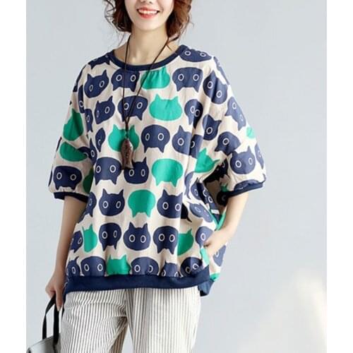 Oversized Women Cotton Linen Casual T-shirts New Arrival 2021 Summer Vintage Style Cartoon Print Loose Female Tops Tees S3726