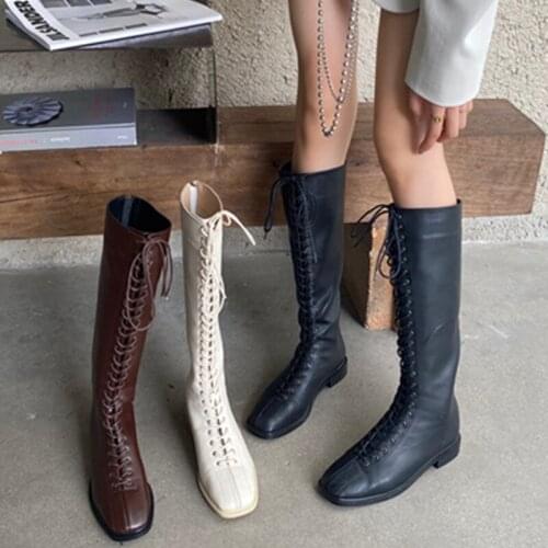 Women Leather Knee High Boots Cross Tied Motorcycle Botas Ladies Army Long Botines Mujer Low Heels Casual Shoes