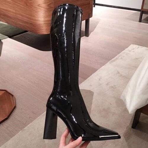 Patent Leather Women Knee High Boots Hot Sale Autumn Winter Ankle Booties Metal Square Toe Female Casual Dress Shoes
