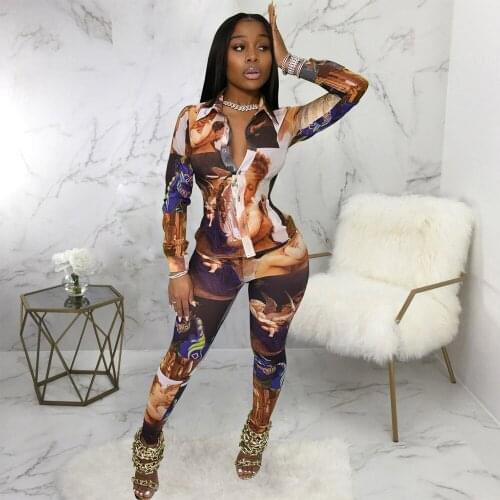 Aabstract Print Streetwear Two Piece Set Y2K Clothes Hipster Turn Down Collar Long Sleeve Shirt+fitness Legging Female Outfits