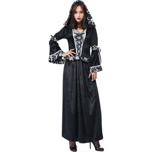 Women Dark Sorceress Costume Voodoo Priestess Cosplay Dress Skull Print Trim Halloween Carnival Purim Party Costumes