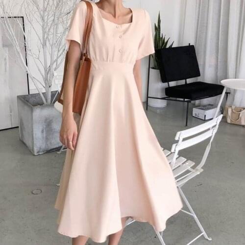 Korean Women Summer Dress Solid High Waist Square Collar Short Sleeve Dress for Women Casual Loose Maxi Dresses Vestido 14140