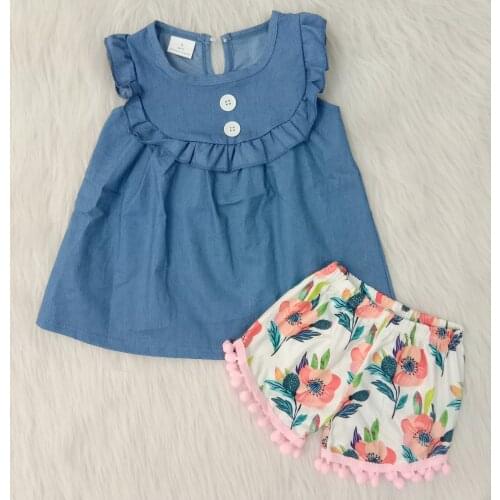2020 2PCS Summer Outfits Toddler Girls Clothing Sets Denim Tops Flower Print Pants Boutique kids Clothes