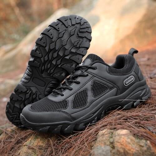 2021 Outdoor Mens Hiking Boots Mesh Mountaineering Shoes Light Breathable Anti-skid Trekking Sneakers Black Large Size