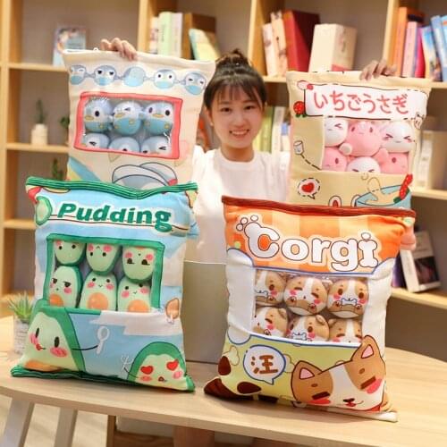 A Bag Of 8pcs Snack Puddiing Soft Plush Toy Corgi Rabbit Penguin Avocado Plush Pillow Creative Anime Throw Pillow Cartoon Doll T