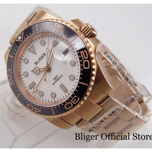 BLIGER Rose Gold GMT Hand Mechanical Watch Sapphire Glass Deployment Clasp