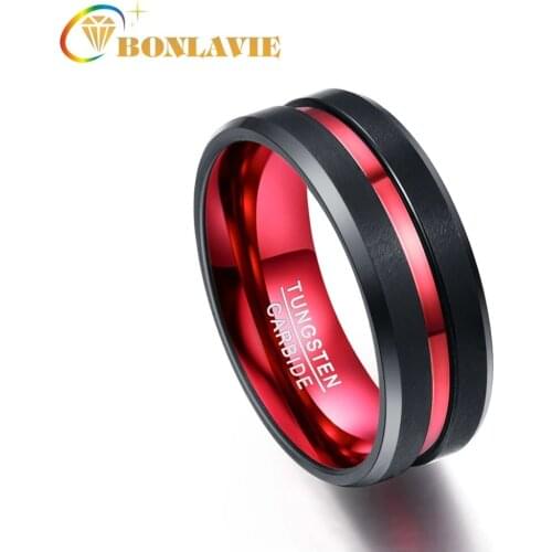 BONLAVIE Mens 8MM Black and Red Tungsten Carbide Ring Matte Finish Beveled Edges Size 7 to 16 hot sell AAA Quality