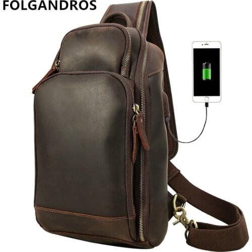 2019 Brand Mens Chest Bag Genuine Cowhide Leather Handmade Shoulder Bag Crazy Horse Leather Vintage Large Capacity Chest Pack
