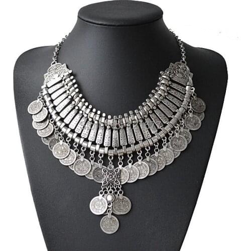 Gypsy Bohemian Beachy Chic Coin Carving Flower Collares Statement Necklace Festival Ethnic Turkish Coin India Tribal cc