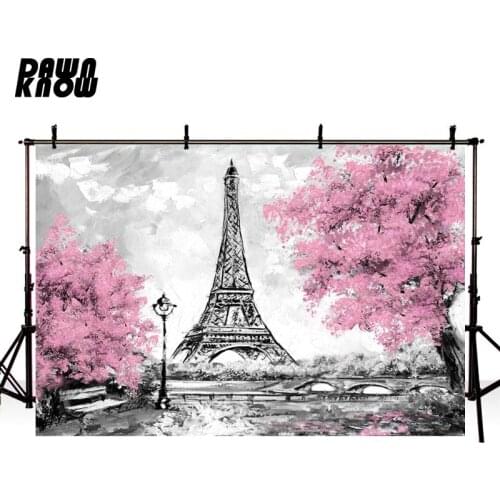 DAWNKNOW Painting Eiffel Tower Photography Background Drawing Pink Flower Backdrop Wedding Photo Studio Children lv1548