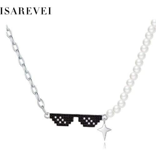 925 Sterling Silver And Pearl Necklace Punk Style Sunglasses Pendant Pixel Charm Zircon 2021 New Jewelry For Women