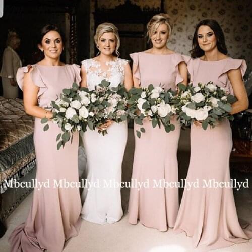 Blush Long Bridesmaid Dresses Women Satin Puff Sleeves Sheath Wedding Guest Dress Maid of Honor Plus Size Party Prom Gown