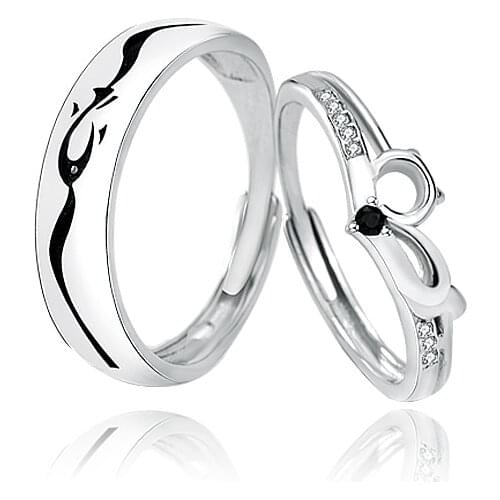 S925 Sterling Silver Ring Accessories Cat and Fish Couple Set Ring Valentines Day Gift Men and Women Adjustable Ring