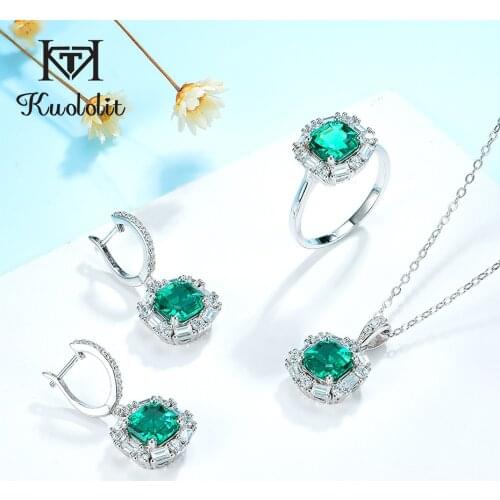 Kuololit Asscher Emerald gemstone Luxury Jewelry Set for Women Real 925 Sterling Silver Green gemstone Ring Earrings for Bridal