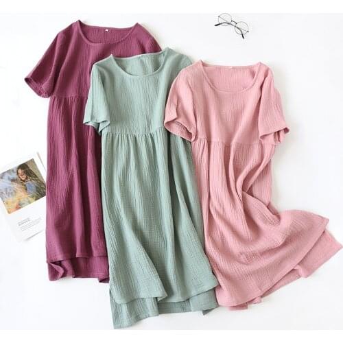 Summer Sleepwear 100% Cotton Crepe Short-sleeved Sleepshirts Plus Size Loose Nightgowns Women Night Gown Sexy Sleeping Dress