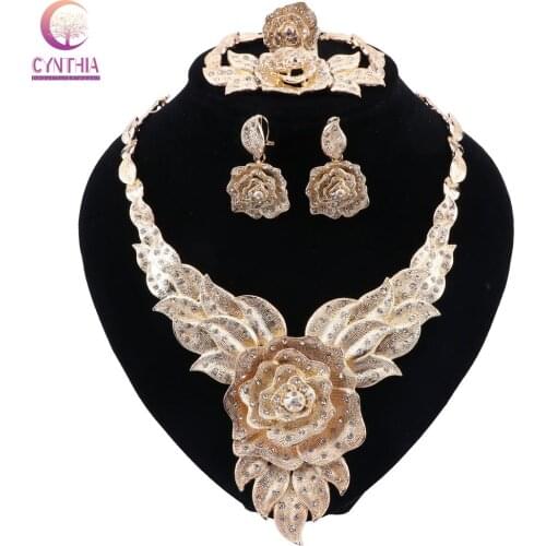 CYNTHIA Dubai Fashion Jewelry Sets Necklace Bracelet Flower Shape Pendant Earrings Ring Crystal Jewelry Dubai Wedding Jewelry