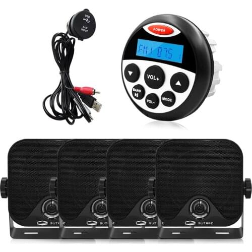 Marine Waterproof Stereo Bluetooth Audio Boat Radio System FM AM Receiver MP3 Car Player+2Pair 4" Marine Speaker+USB Audio Cable